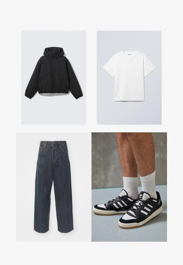 Černá péřová bunda s kapucí, vybavená předním zipem, elastickými manžetami a dvěma šikmými zipovými bočními kapsami. Hladká textura a zkrácený design.; Bílý bavlněný tričko s kulatým výstřihem, krátkými rukávy a volnějším střihem. Na výstřihu je štítek s nápisem "WEEKDAY".; Široké tmavě modré džínové kalhoty s jemně obnošenou texturou, pěti kapsami a klasickým zapínáním na knoflík a zip v pase.; Černobílé tenisky s vrchní částí z semišové a kožené kůže, včetně tří bílých pruhů, perforovaného špičky a podrážky z gumy.
