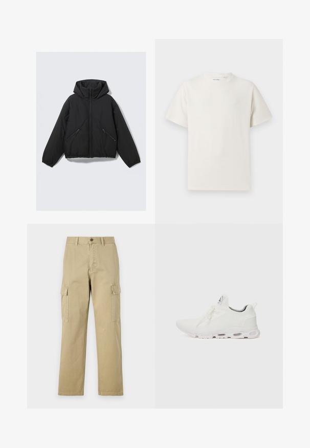 Mustem puffer-jakk kapuutsiga, millel on esikülje tõmblukk, elastsed varrukad ja kaks nurga all asuvat tõmblukuga küljetaskut. Sile tekstuur ja lühendatud disain.; Valge lühikeste varrukatega T-särk ribakudumises. Ümar kaelus, mugav lõige, nähtavad mustrid ega aksessuaarid puuduvad. Lihtne ja mitmekesine disain.; Beige cargos, mis on valmistatud puuvillast, sisaldavad kahte küljetaskut, nööbiga sulgemist ja sirgeid jalgu, millel on kergelt tekstureeritud kangas.; Valged sportijalatsid, millel on tekstuuriga kudum peal, lame paelad ja pehmendatud tallad nähtavate õhukambritega täiendava toe jaoks.