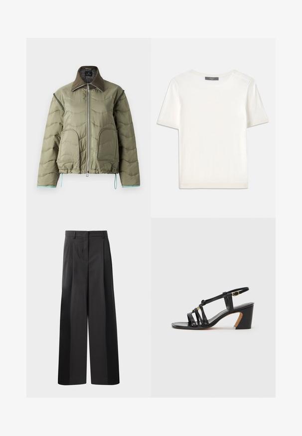 PS Paul Smith - Kurtka przejściowa; Biała krótki rękaw dzianinowa bluzka z okrągłym dekoltem, charakteryzująca się gładką teksturą i subtelnymi prążkowanymi akcentami na rękawach oraz u dołu.; Czarne szerokie spodnie z wysokim stanem, z przodu z fałdami, o gładkiej fakturze i dopasowanym wykończeniu. Zaprojektowane z myślą o luźnym kroju.; Paul Smith AMIRA czarny