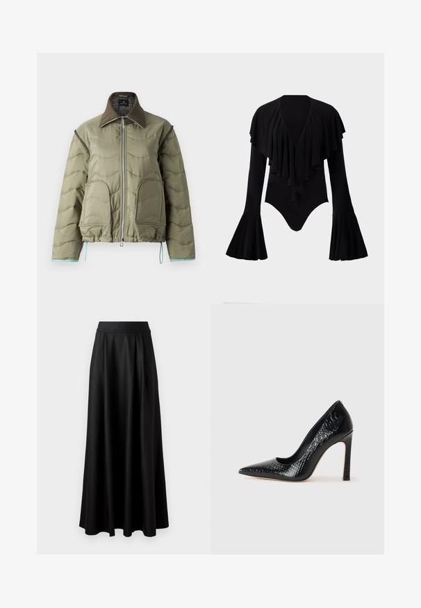 PS Paul Smith JACKET - Overgangsjakke - green; Sort langærmet bodysuit med dyb V-hals, lagdelt flæse-design over brystet og klokkeærmer. Glat, strækbart stof.; Sort, gulvlange nederdel med en glat tekstur, bred taljeelastik og plisseret design, uden synlige mønstre eller udsmykninger.; Sorte spidse tå stiletto-sko i krokodilleskind med et strømlinet design, høj hæl og glat sort inderside.