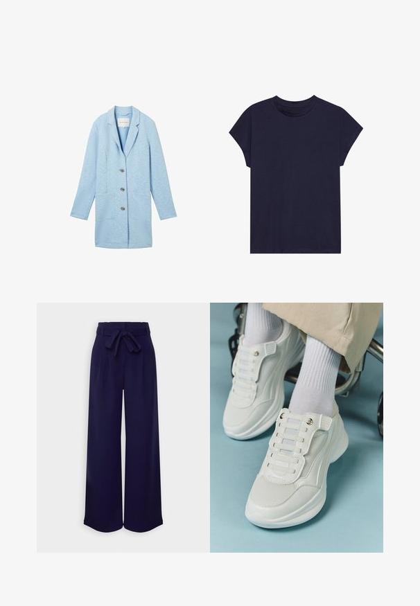 Light blue blazer jacket, made from a textured fabric, featuring a notched lapel, three button closure, and two front patch pockets.; Navy blue cotton t-shirt with a round neckline and short sleeves, featuring a relaxed fit and smooth texture. No patterns or accents.; Anna Field Trousers - dark blue; White sneakers featuring a mesh material, rubber sole, lace-free design with elastic bands, and gold-toned accents.