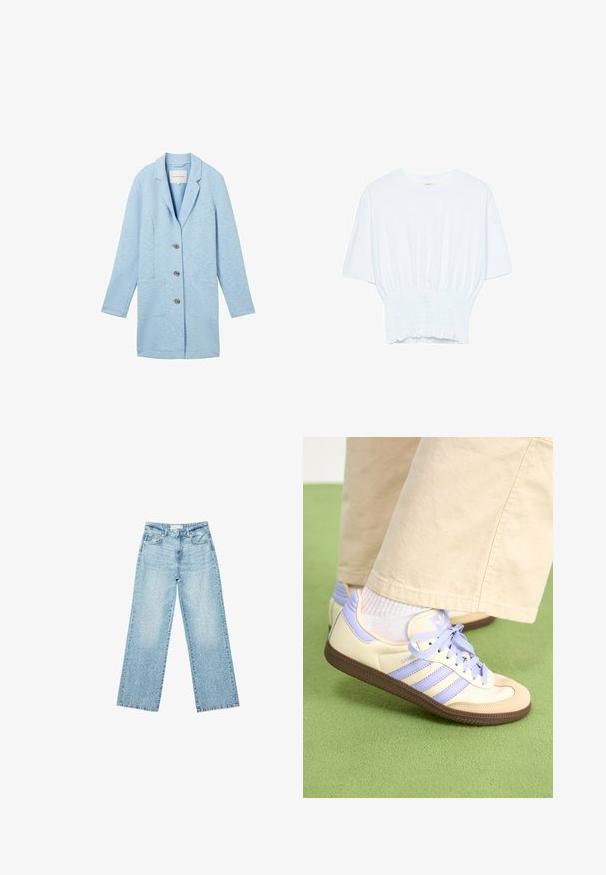Light blue blazer jacket, made from a textured fabric, featuring a notched lapel, three button closure, and two front patch pockets.; White short-sleeve T-shirt with a relaxed fit and smocked texture at the waist. Made of soft, lightweight fabric.; Light blue denim wide-leg jeans with a high waist, featuring a faded wash and small, scattered distressed details throughout.; Cream and lavender sneakers with three stripes and a textured brown sole, featuring laces and a padded heel. Soft fabric upper.