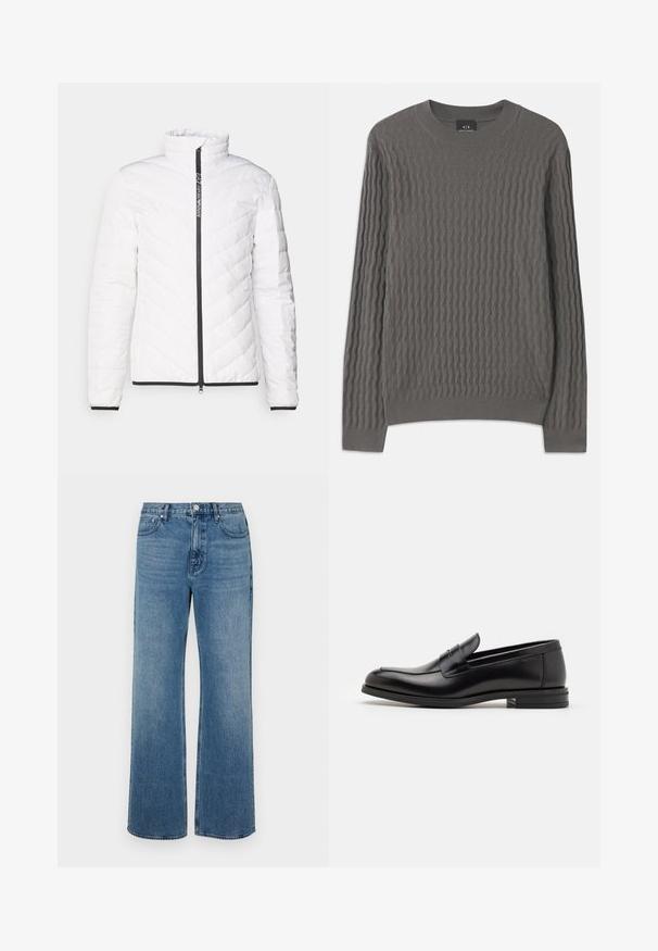 Bijela puffer jakna s visokim ovratnikom, dijagonalnim kvadratnim uzorkom, crnim patentnim zatvaračem i crnim detaljima duž rukava i rubova.; Armani Exchange Vesta - dark gull zig zag; Široke plave traperice od denima s izblijeđenim završetkom. Imaju pet džepova, prednje kopčanje na gumb i ravni kroj.; Crni kožni mokasini s glatkom teksturom, zaobljenim prstima i ukrasnom trakom preko prednjeg dijela. Niski slojeviti potplat, minimalistički dizajn.