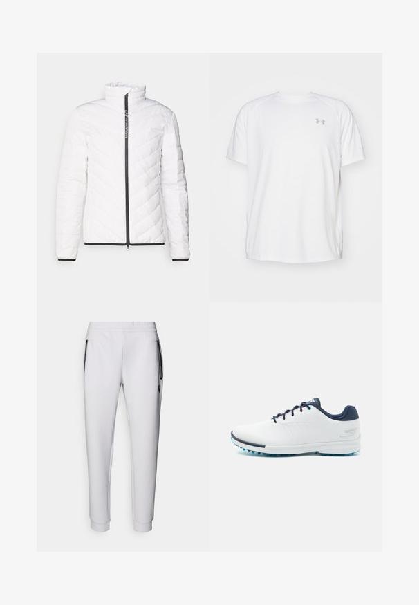 Bílá péřová bunda s vysokým límcem, diagonálně prošívaným vzorem, černým zipem a černým lemem na rukávech a spodním okraji.; Bílé sportovní tričko s krátkým rukávem vyrobené z hladké látky. Má kulatý výstřih a šedé logo na levé straně hrudi, s bočními rozparky na lemu.; Bílé tepláky s elastickým pasem, dvěma bočními kapsami, černými zipovými detaily a žebrovanými manžetami na kotnících. Hladký povrch.; Bílé sportovní boty s hladkým syntetickým svrškem, modrými akcenty, texturovanou tmavě modrou patou a lehkou, hřebenovou podešví pro lepší přilnavost.