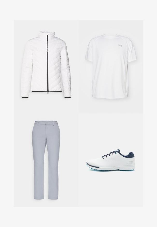 Jachetă albă din material pufos, cu guler înalt, model diagonal de matlasare, fermoar negru și margine neagră pe manșete și tiv.; Camică sport cu mânecă scurtă, de culoare albă, fabricată dintr-un material neted. Dispune de un guler tip crew și un logo gri pe pieptul stâng, cu slituri laterale la tiv.; Pantaloni gri deschis cu o croială dreaptă, închidere cu nasture, buzunare frontale și un material neted, texturat. Design minimalist, fără modele.; Pantofi sport albi cu un uppersintetic neted, accente albastre, toc texturat în nuanță de marine și o talpă ușoară cu țepii pentru aderență.