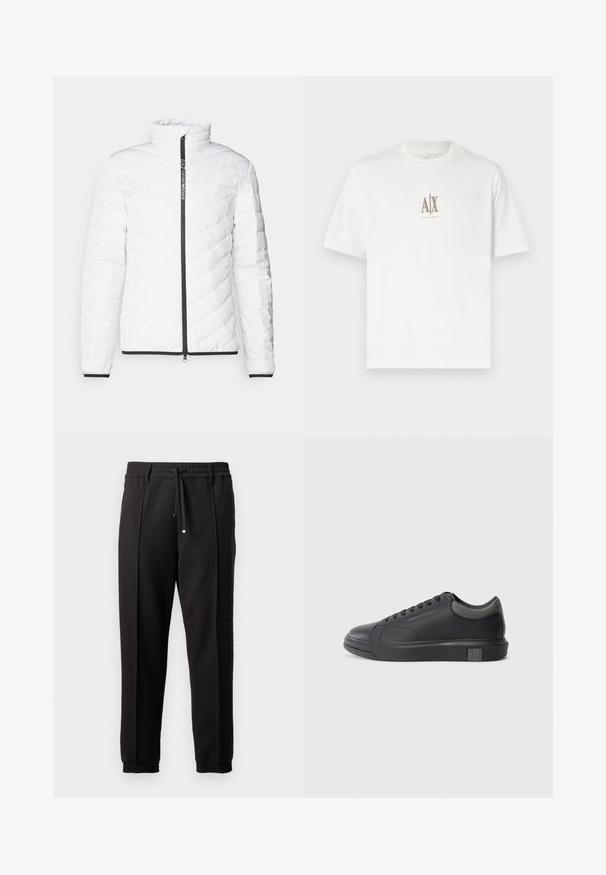 White puffer jacket featuring a high collar, diagonal quilted pattern, black zipper, and black trim along the cuffs and hem.; White cotton t-shirt with a crew neckline. Features a small beige logo "A|X" and "ARMANI EXCHANGE" printed below. Short sleeves, regular fit.; Black trousers with a waistband, drawstring, and elastic cuffs. Features pleats and a smooth, textured fabric.; Black leather sneaker with a smooth finish, rounded toe, and dark grey accents. Features lace-up design and textured rubber sole.