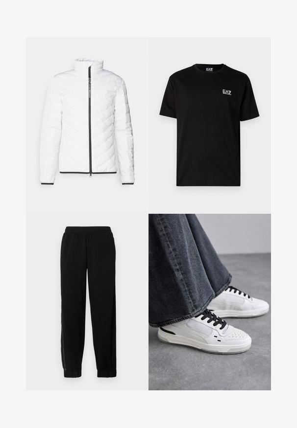 Hvit pufferjakke med høy krage, diagonalt quiltet mønster, svart glidelås og svart kant langs mansjettene og nederkant.; Svart bomull t-skjorte med korte ermer, rund hals og liten hvit EA7-logo på venstre bryst. Glatt tekstur, vanlig passform.; Svarte joggebukser laget av myk tekstil, med elastisk midje, ribbede hem og sidelengs mesh-paneler for ekstra ventilasjon.; Hvite sneakers med svarte lisser og mesh-detaljer. Har en glatt læroverdel og en teksturert gummisåle. Kombinert med vide gråjeans.