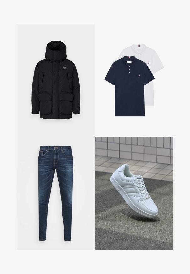 Zwarte geïsoleerde parka-jas met een hoge kraag, verstelbare capuchon, twee grote voorzakken en een ritszak aan de zijkant voor opbergruimte.; Twee polo shirts: één marineblauw en één wit, beide met een kleine rood, wit en blauwe accent op de borstzak en kraag.; Donkerblauwe denim jeans met een slim fit, subtiele vervaging, vijf zakken en een metalen knoopsluiting. Gestikte accenten in contrasterende kleur.; Witte sportsneaker met een glad leren bovenwerk, vetersluiting aan de voorkant, geperforeerde neus en een geprofileerde zool. Minimalistisch ontwerp met drie zijstrepen.