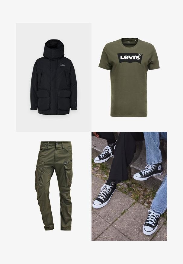 Parka nera isolata con colletto alto, cappuccio regolabile, due grandi tasche anteriori e tasca laterale con zip per riporre gli oggetti.; T-shirt di cotone verde oliva con un grande logo nero di Levi's sul davanti. Collo girocollo classico e maniche corte, consistenza liscia.; Pantaloni cargo verde oliva realizzati in cotone robusto. Presentano numerose tasche, una tasca laterale con zip e gambe affusolate con una finitura leggermente strutturata.; Sneakers alti neri in tela con suole e lacci bianchi, dotati di un logo circolare di lato e abbinati a pantaloni in denim e neri.