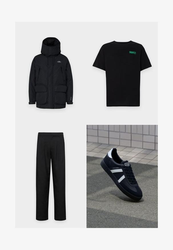 Crni izolirani park modni kaput s visokim ovratnikom, podesivom kapuljačom, dva velika prednja džepa i bočnim džepom sa zatvaračem za pohranu.; Crna majica kratkih rukava od pamuka. Na prednjem dijelu se nalazi zeleni "ROOTS" logo, okrugli izrez i standardni kroj.; Crne hlače od glatkog materijala, s dizajnom ravnih nogavica, dva prednja nabora i standardnim pojasom s petljama za remen.; Crne kožne tenisice s bijelim prugama, strukturirana gumena potplate i vezanjem sprijeda. Ima oznaku brenda na jeziku.