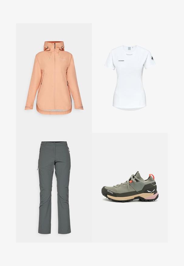 Leichte, pfirsichfarbene, wasserdichte Jacke mit Kapuze, Frontreißverschluss, verstellbaren Kordeln und zwei Seitentaschen. Glatte Textur, leichtes Design.; Kurzärmliges weißes Sportshirt mit Rundhalsausschnitt, das ein Logo auf der Brust und eine glatte, leichte Stofftextur aufweist.; Grau outdoor Hosen aus leichtem, strukturiertem Stoff; verfügen über Reißverschlusstaschen und ein enges Design mit geradem Schnitt.; Leichter grüner Wanderschuh aus Mesh und Gummi, mit schwarzem Profilsohle, rosa und orangefarbenen Akzenten sowie verstärkter Zehenkappe.