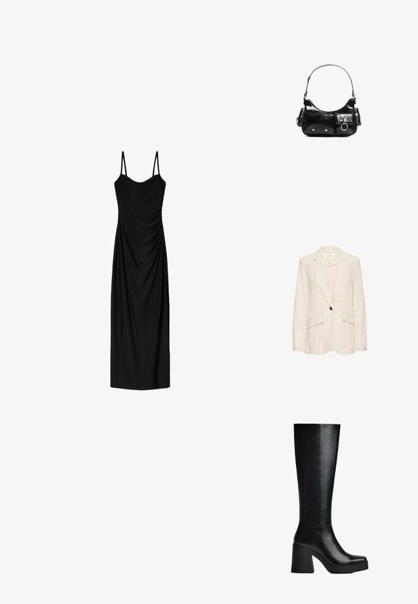 Bežani laneni sako s jednim crnim dugmetom, reverima i dva prednja džepa; lagana tekstura i kroj prilagođen tijelu.; Crna midi haljina s tankim podesivim trakama, koja ima drapirani dizajn i glatku teksturu. Nema vidljivih uzoraka ili ukrasa.; Crna čizma do koljena izrađena od teksturiranog sintetičkog materijala, s četvrtastim vrhom, debelim visokim potplatom i glatkom, sjajnom površinom.; Crna patentna kožna torba s zakrivljenim oblikom, jednim remenom za rame, prednjim džepovima i akcentima od srebrnog tona.