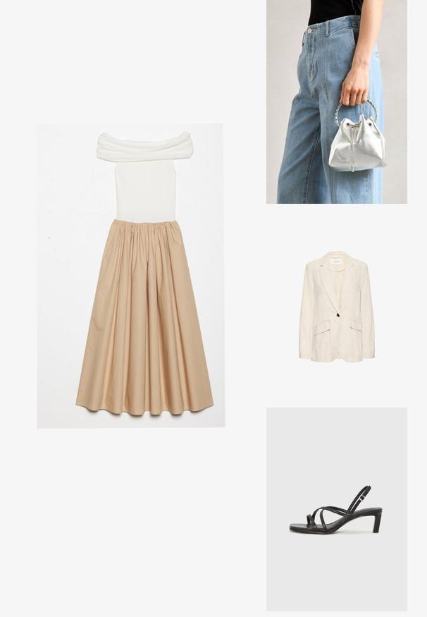 Beige linen blazer with a single black button, notched lapels, and two front pockets; lightweight texture and tailored fit.; Off-shoulder dress featuring a fitted white ribbed bodice and a flowing beige skirt, gathered at the waist for a voluminous silhouette.; Black strappy sandal with a square toe and a low block heel. Features multiple thin straps and an adjustable ankle strap. Made of smooth leather.; Metallic silver bucket bag with a textured finish, adorned with a silver round handle and drawstring closure, held against light blue jeans.