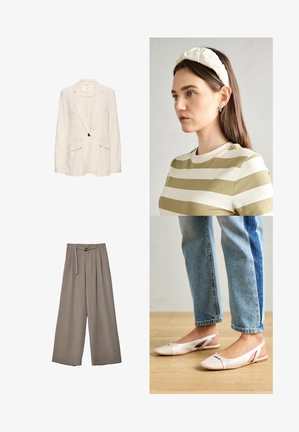 Béžový ľanový sako s jedným čiernym gombíkom, so šikmými klopami a dvoma prednými vreckami; ľahká textúra a priliehavý strih.; Biela krátkopsová tričko vyrobené z bavlny. Má okrúhly výstrih a voľný strih. Hladká textúra bez viditeľných vzorov alebo akcentov.; Široké nohavice v jemnej, tlmenej šedej tkanine, s opaskom v pase a vreckami pre dodatočný dizajnový detail. Hladký povrch, bez vzorov.; Svetloružové slingback baleríny s jemne špicatou špičkou, vyrobené z hladkého materiálu pripomínajúceho kožu. Majú výrezové detaily na stranách a plochý opätok.; Krémová čelenka s vypchatím a vzorom vrkoča, skombinovaná s béžovo-bielym pruhovaným tričkom s okrúhlym výstrihom. Nápadné doplnky z jemného šperku.