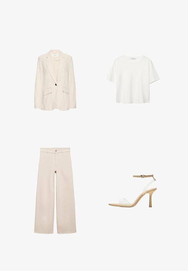 Béžový ľanový sako s jedným čiernym gombíkom, so šikmými klopami a dvoma prednými vreckami; ľahká textúra a priliehavý strih.; Biela krátkopsová tričko vyrobené z bavlny. Má okrúhly výstrih a voľný strih. Hladká textúra bez viditeľných vzorov alebo akcentov.; Beige široké džínsy s vysokým pásom, s gombíkovým zapínaním, prednými vreckami a rozstrapkaným lemom. Vyrobené z denimu.; Priehľadné sandále na vysokom podpätku s transparentným zvrškom, béžovou stielkou a štíhlym remienkom na členku. Majú špicatú špičku a tenký vysoký podpätok.