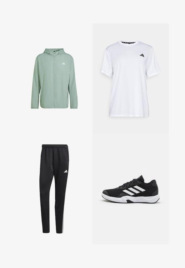 adidas Performance IT - Veste de running - silver green; T-shirt de sport blanc à manches courtes, fabriqué en tissu évacuant l'humidité. Présente un logo noir sur la poitrine gauche et un col intérieur à motifs.; Pantalons de sport noirs avec une ceinture élastique, rayures latérales blanches et un petit logo blanc sur la cuisse. Fabriqués dans un matériau lisse et léger.; Baskets de sport noires avec une tige en mesh texturé, des rayures blanches, une semelle rembourrée et un talon renforcé pour le soutien.