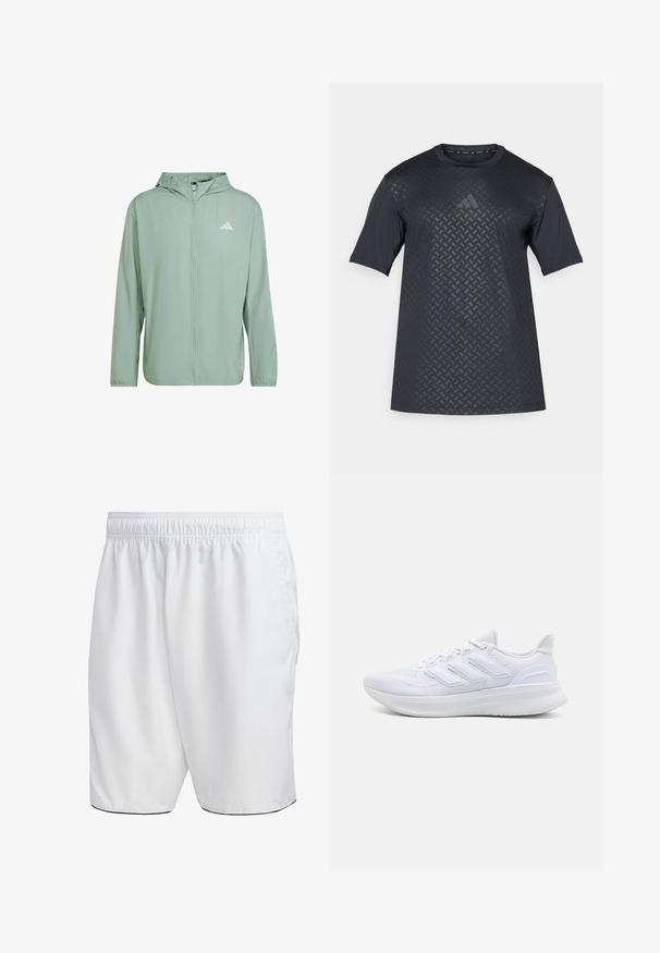 adidas Performance IT - Runningjack - silver green; Zwarte T-shirt met korte mouwen, voorzien van een gestructureerd geometrisch patroon aan de voorkant en een gladde achterkant, gemaakt van lichtgewicht, ademend materiaal.; Witte shorts met een elastische tailleband, een gladde textuur en contrasterende zwarte afwerking aan de zoom. Ontworpen voor casual of sportieve kleding.; Witte sportschoenen met een gestructureerde mesh bovenkant, een ondersteunende gevoerde zool en een ontwerp met drie strepen aan de zijkant.