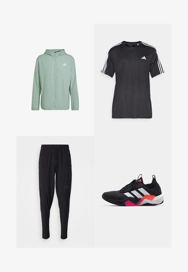 adidas Performance IT - Running jacket - silver green; Black short-sleeve t-shirt with white three-stripe design on shoulders and logo on the chest. Made from breathable fabric, smooth texture.; Black athletic pants with an elastic waistband, tapered design, side pockets, and subtle logo detail. Made from flexible, breathable fabric.; Black athletic shoe with white stripes, textured upper, and a chunky sole featuring orange, pink, and white accents. Laced design with pull tab.