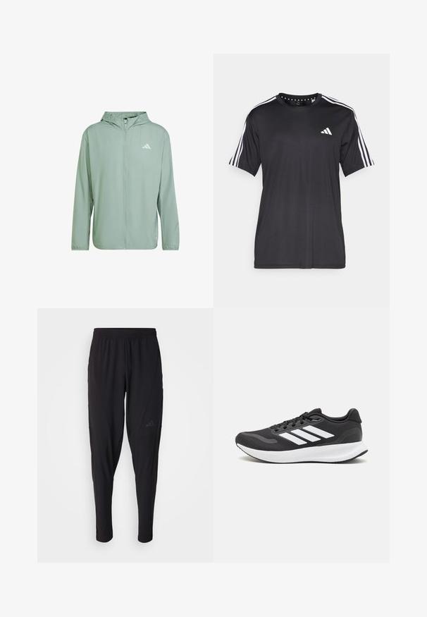 adidas Performance IT - Veste de running - silver green; T-shirt noir à manches courtes avec un design à trois bandes blanches sur les épaules et un logo sur la poitrine. Fabriqué en tissu respirant, texture lisse.; Pantalons de sport noirs avec une taille élastique, design fuselé, poches latérales et détail de logo subtil. Fabriqués en tissu flexible et respirant.; Baskets de sport noires avec tige en mesh respirant, accents blancs et semelle rembourrée. Présente le logo à trois bandes sur le côté.