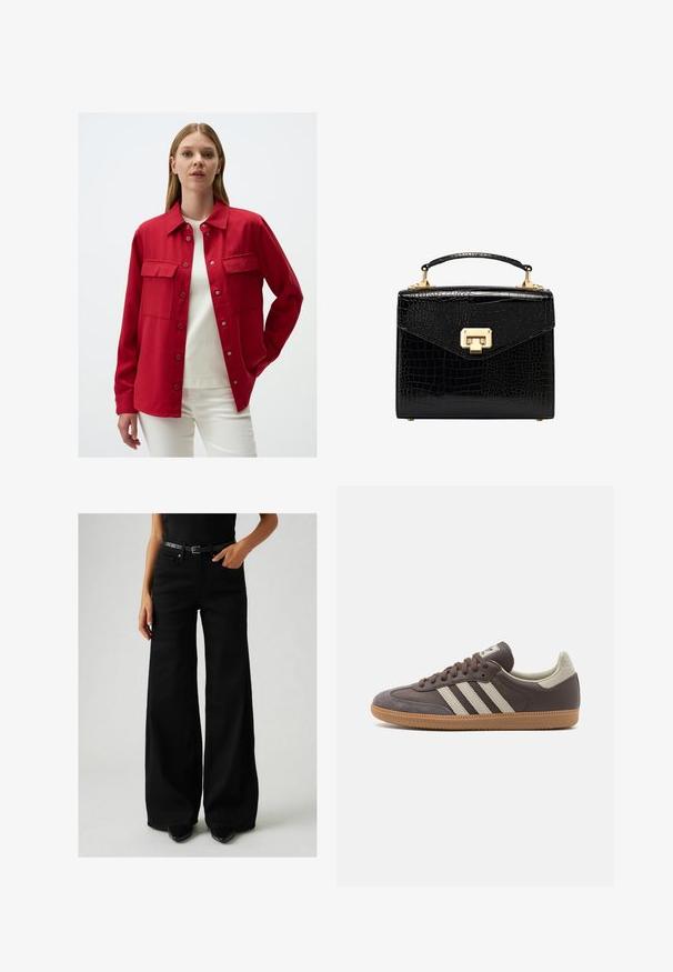 Red shirt jacket made of sturdy fabric. Features a collared neckline, two front pockets, and snap buttons. Worn over a white top.; Red sleeveless knit sweater with a v-neck and ribbed hem. Features a small, dark logo on the chest. Soft texture with a solid color.; Black wide-leg jeans with a high waist, made of denim. Features a black belt with an adjustable buckle and side pockets. Detailed stitching visible.; Brown leather sneaker with three light-colored stripes, rubber gum sole, rounded toe, and textured suede accents on the heel and toe.; Black faux-crocodile leather handbag with a structured design, gold hardware, a top handle, and a magnetic flap closure.