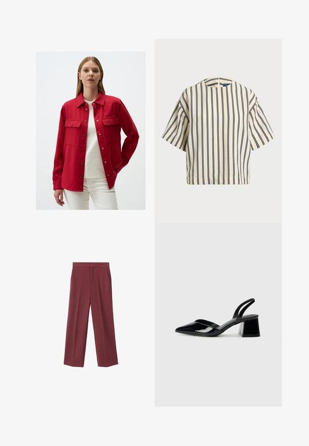 Rode shirtjack gemaakt van stevig materiaal. Kenmerkt een kraaghalslijn, twee voorkruiken en drukknoopsluitingen. Gedragen over een wit top.; Korte mouwen, gestreepte top in crème en marineblauw, met een ronde halslijn en een boxy ontwerp van een textuurstof.; Bordeaux brede broek met een zachte textuur, voorzien van zijzakken en een hoogtaille ontwerp. Strak gesneden met een nette voorplooi.; Zwarte gepatineerde leren slingback hakken met een spitse neus en een geometrische blokhak. Kenmerkt zich door een slank, minimalistisch ontwerp en een gladde textuur.
