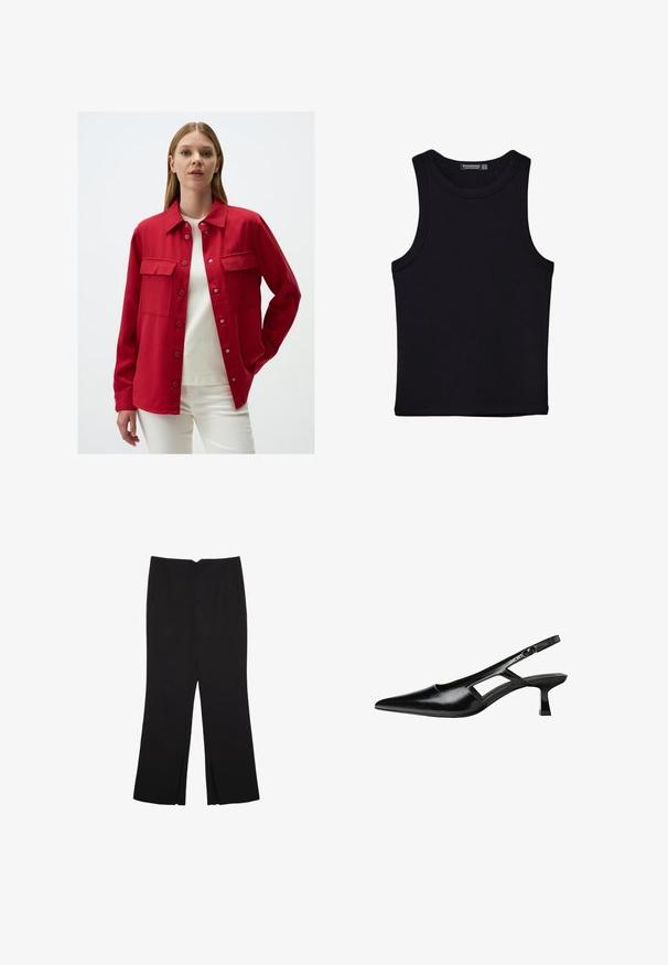 Red shirt jacket made of sturdy fabric. Features a collared neckline, two front pockets, and snap buttons. Worn over a white top.; Black tank top made of cotton, featuring a round neckline and wide armholes. Smooth texture with stitched hems. Classic, minimalist design.; Black trousers with a straight fit, featuring front pockets and side slits at the hem. Made of soft, smooth fabric. Suitable for various occasions.; Black patent leather slingback heels with a pointed toe, cut-out side design, and a small square heel. Smooth texture with minimal accents.