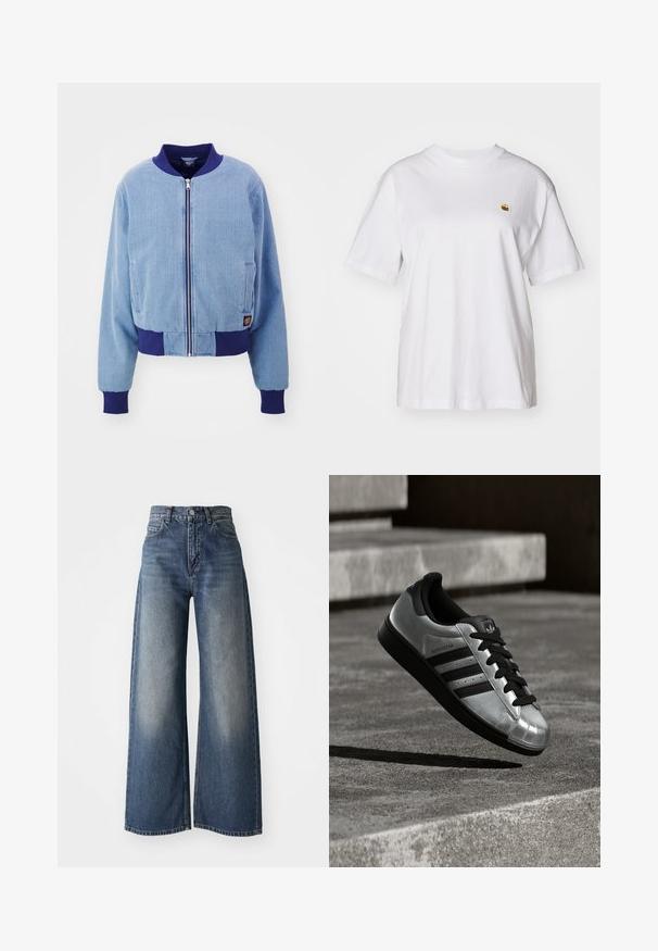 Modrá kordurová bomber bunda s námorníckym rebrovaným golierom a manžetami, s predným zipom a bočnými vreckami.; Biely bavlnený tričko s voľným strihom, krátkymi rukávmi a malým vyšitým logom na ľavej strane hrude.; Modré džíny s vysokým pásom a širokými nohavicami, s predným zapínaním na gombíky a vreckami, so svetlým vypálením na stehnách a rovným lemom.; Strieborná teniska s čiernou gumovou podrážkou, čiernymi šnúrkami a tromi čiernymi pruhmi. Má kovový lesk a klasický dizajn s okrúhlym špičkou.