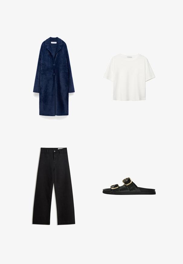 Lange marineblauwe donzige jas met twee knopen, brede reverskraag en lange mouwen, gemarkeerd Adolfo Dominguez.; Witte korte mouwen t-shirt van katoen. Heeft een ronde halslijn en een ontspannen pasvorm. Glad textuur zonder zichtbare patronen of accenten.; Zwarte denim broek met wijde pijpen en een hoge taille, voorzien van voor- en achterzakken, gestikte naden en een knoopsluiting. Gladde textuur.; Zwarte slipper met twee gouden gesps, gladde textuur, platte zool en een minimalistisch ontwerp.