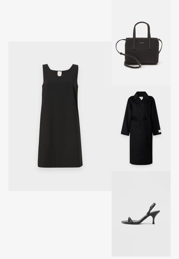 Must mustriib, pehmest kangast, millel on krae, laiad varrukad ja vastav vöö. Vasakul varrukal silt logoga.; Musthave musträtik, millel on ruudukujuline kaelus ja sirge lõige, valmistatud pehmest kangast. Omab minimaalset disaini ja nähtavat riistvara ei ole.; Mustad nahast kõrgete kontsadega sandaalid, millel on saledad, kõverad kontsad ja ristatud rihma disain. Reguleeritav pahkluu rihm. Sile tekstuur.; Musthave mustrans vöö ja eemaldatav õlarihm. Gludike nahk siledaga, millel on tõmblukk ja logo detail.