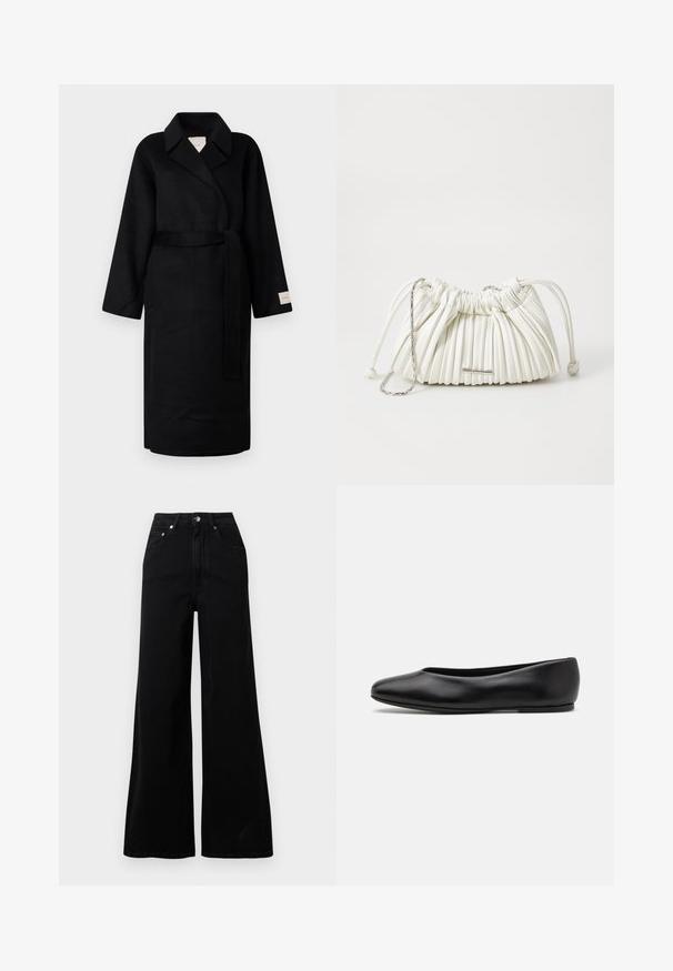 Černý kabát s překrytem vyrobený z měkké látky, s klopeným límcem, širokými rukávy a odpovídajícím zavazováním v pase. Štítek na levém rukávu s logem.; Šedé pletené tričko s krátkým rukávem, kulatým výstřihem a hladkou texturou. Obsahuje minimální značení blízko lemu. Jednoduchý, klasický design.; Černé kalhoty s širokými nohavicemi z denimu, s vysokým pasem, pěti kapsami, zapínáním na přední knoflíky a minimálními šicimi detaily.; Paul Smith TOPANGA - Klasické baleríny - black; Bílá skládací kabelka z měkkého materiálu. Disponuje stahovací šňůrkou, pletenými rukojeťmi a stříbrnými kovovými akcenty.