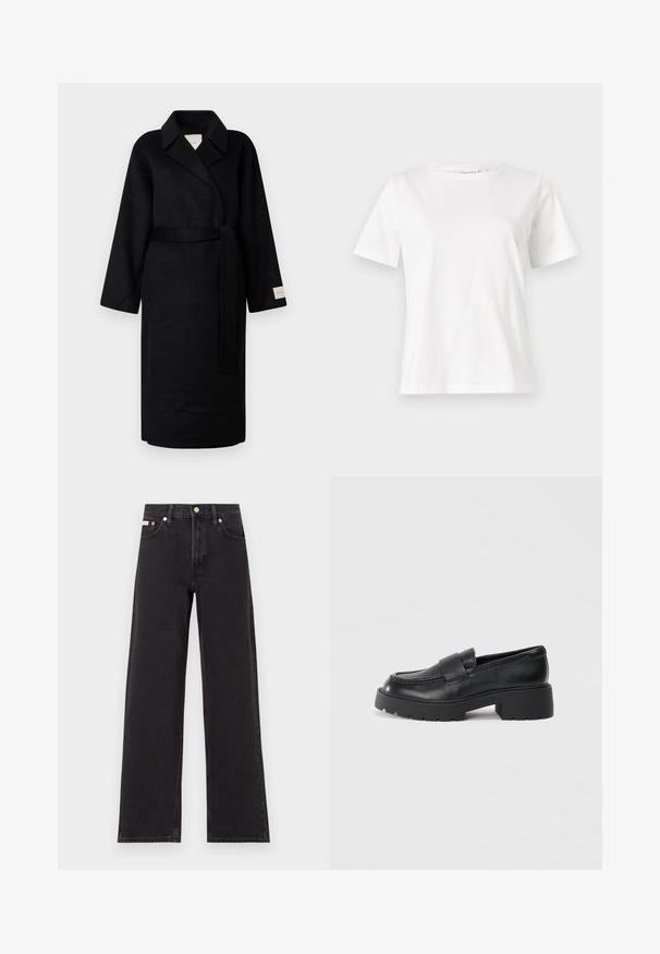 Čierny prehoz z mäkkej tkaniny, s výstrihom do V, širokými rukávmi a zodpovedajúcim opaskom. Štítok na ľavom rukáve s logom.; Biela bavlnená tričko s krátkymi rukávmi, okrúhlym výstrihom a voľným strihom. Hladká textúra, bez vzorov alebo akcentov, minimalistický dizajn.; Čierne široké džínsy vyrobené z denimu, s vysokým pásom, piatimi vreckami a kovovým zapínaním s kontrastným šitím.; Čierne kožené loafery s textúrovaným povrchom, s obdĺžnikovým prúžkom cez priehlavok a robustným, drsným designom podrážky.