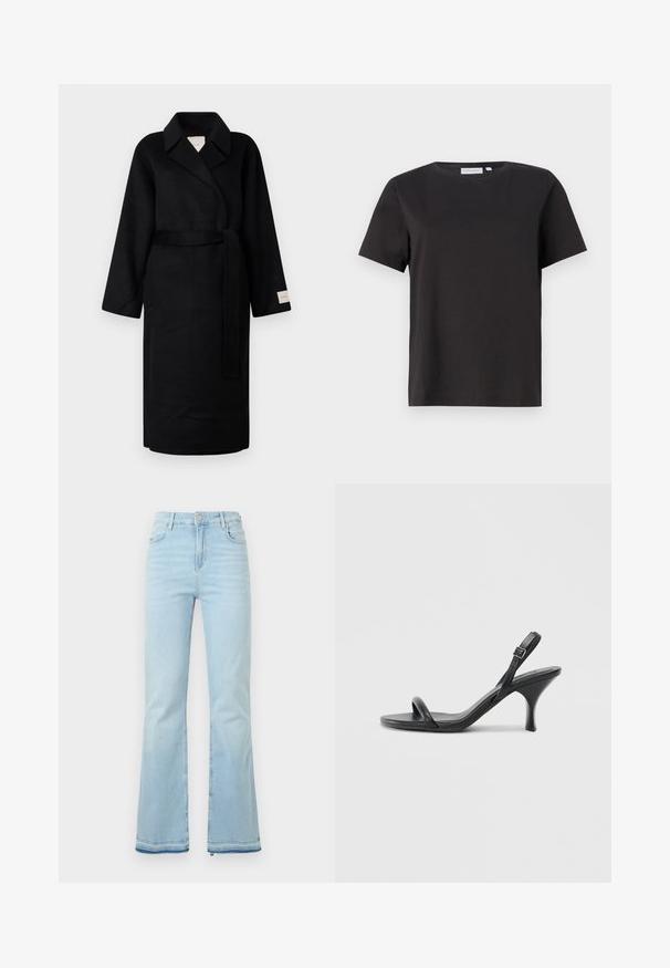 Černý kabát s překrytem vyrobený z měkké látky, s klopeným límcem, širokými rukávy a odpovídajícím zavazováním v pase. Štítek na levém rukávu s logem.; Černé bavlněné tričko s krátkým rukávem, kulatým výstřihem a jednoduchým, čistým designem. Žádné viditelné vzory ani ozdoby.; Světle modré rozšířené džíny vyrobené z denimové látky, s vysokým pasem, předními kapsami a surovým lemem na manžetách pro uvolněný vzhled.; Černé kožené sandály na vysokém podpatku s úzkým, zakřiveným podpatkem a designem s překříženými popruhy. Nastavitelný pásek kolem kotníku. Hladký povrch.