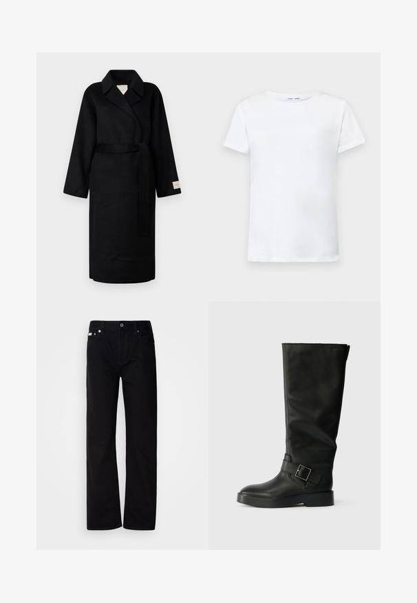 Schwarzer Wickelmantel aus weichem Stoff, mit Reverskragen, weiten Ärmeln und einem passenden Krawattengürtel. Etikett am linken Ärmel mit Logo.; Weißes T-Shirt mit kurzen Ärmeln aus Baumwolle und Rundhalsausschnitt. Glatte Textur und gerader Schnitt, keine Muster oder Akzente.; Schwarze Denim-Hosen mit geradem Bein, fünf Taschen, silbernen Nieten und einem Knopfverschluss. Der Stoff hat eine glatte, leicht strukturierte Oberfläche.; Schwarze kniehohe Stiefel aus glattem Leder, mit runder Zehenpartie, dicker Sohle und einem horizontalen Riemen mit rechteckiger Schnalle.