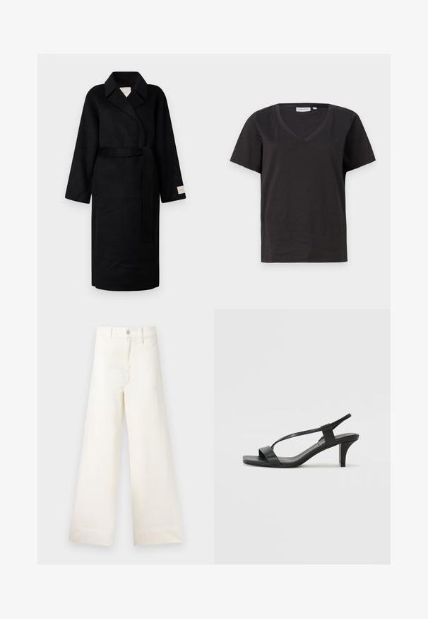 Cappotto avvolgente nero in tessuto morbido, caratterizzato da un colletto a risvolto, maniche ampie e una cintura in coordinato. Etichetta sulla manica sinistra con logo.; T-shirt in cotone nero con scollo a V e maniche corte. Design semplice con vestibilità regolare, senza motivi o dettagli.; Pantaloni a gamba larga in cotone beige chiaro. Caratterizzati da vita alta, tasche anteriori e un taglio dritto. Orlo pulito senza motivi.; Sandali neri con tacco, caratterizzati da un design a cinturino sottile, punta quadrata e tacco medio a blocco. Realizzati in pelle liscia con una finitura opaca.