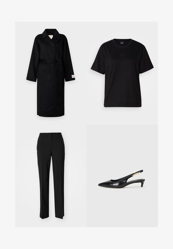 Cappotto avvolgente nero in tessuto morbido, caratterizzato da un colletto a risvolto, maniche ampie e una cintura in coordinato. Etichetta sulla manica sinistra con logo.; Maglietta in cotone nera con scollatura tonda, maniche corte e logo ricamato sul petto. Design semplice e vestibilità rilassata senza motivi.; Pantaloni neri su misura con un design a gamba dritta, caratterizzati da una texture liscia e pieghe ben definite sul davanti. Senza hardware visibile.; Tacchi slingback in pelle nera con punta affusolata, caratterizzati da un tacco alto e un accento dorato sulla cinghia regolabile. Texture liscia.