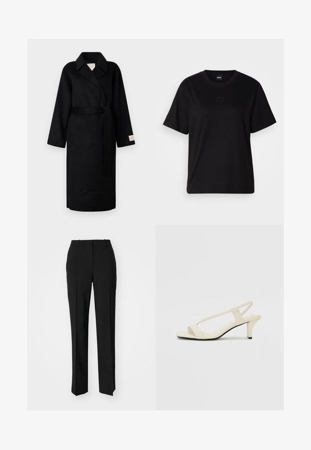 Cappotto avvolgente nero in tessuto morbido, caratterizzato da un colletto a risvolto, maniche ampie e una cintura in coordinato. Etichetta sulla manica sinistra con logo.; Maglietta in cotone nera con scollatura tonda, maniche corte e logo ricamato sul petto. Design semplice e vestibilità rilassata senza motivi.; Pantaloni neri su misura con un design a gamba dritta, caratterizzati da una texture liscia e pieghe ben definite sul davanti. Senza hardware visibile.; Sandali con tacco a blocco beige, con sottili cinturini e punta quadrata. Materiale liscio con dettagli minimi, progettati per un facile utilizzo.