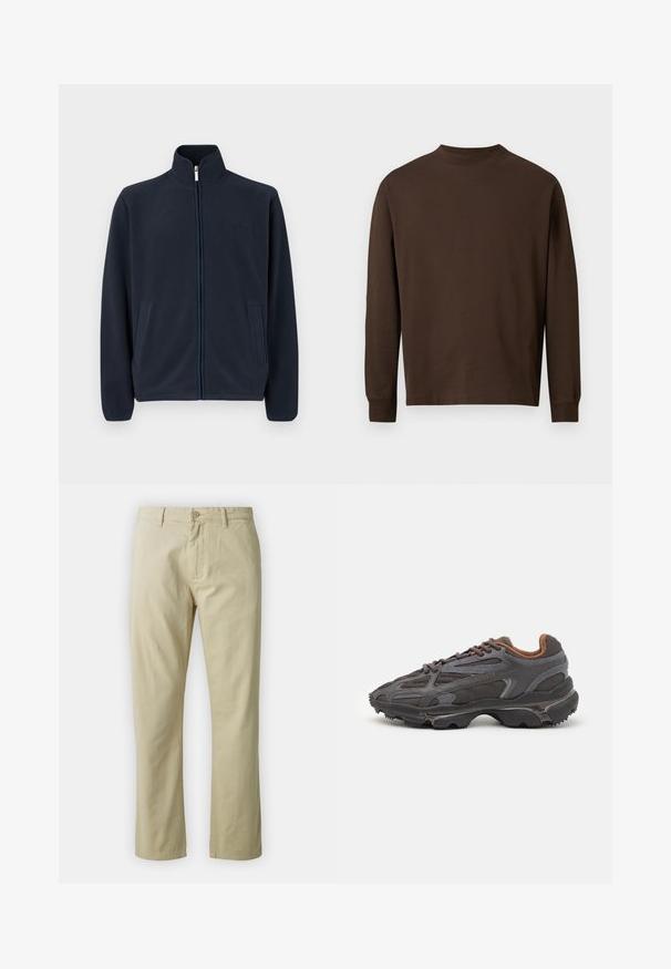 Sötétkék bolyhos dzseki magas gallérral, elülső cipzárral és két oldalsó zsebből áll. A mellkason diszkrét márkalogó található. Sima textúrájú.; Barna, hosszú ujjú, puha anyagból készült póló, kerek nyakkivágással és egyenes szabással, látható minták vagy fémalkatrészek nélkül.; Beige színű, egyenes lábú pamut nadrág, elöl gombos záródással és övhurkokkal. Simaság jellemzi, látható minták vagy díszítések nélkül.; Sötét szürke Lacoste sportcipők hálós és szintetikus anyagból, textúrázott talppal és barna díszítésekkel a nyak részen és a logón.