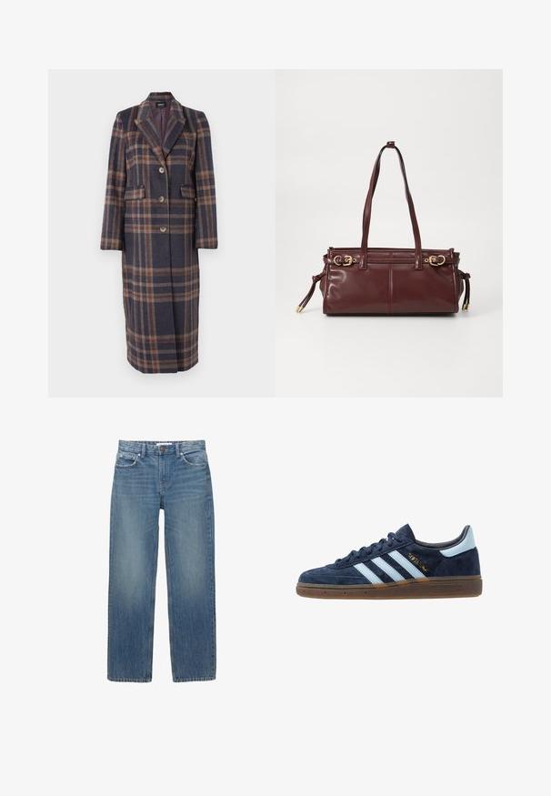 Dlouhý károvaný kabát v námořnické modři, hnědé a béžové barvě. Vyrobený z texturované látky s límcem s výstřihem do zářezu, předními knoflíky a dvěma bočními kapsami.; Bílý dlouhý rukáv top vyrobený z ribované látky, který má kulatý výstřih a přední zapínání na šest průhledných knoflíků.; Světle modré džínové kalhoty se střihiem do rovna, pěti kapsami a měděným kováním. Látka má mírné vyblednutí a hladkou texturu.; Námořnické modré semišové tenisky Adidas s světle modrými pruhy, gumovou podrážkou, světle modrým patním poutkem a zlatým nápisem "Spezial" na boku.; Bourgonská kožená kabelka se dvěma ramenními popruhy, zlatými kovovými detaily a zipovým uzávěrem. Vyznačuje se hladkou texturou a jemnými švy.