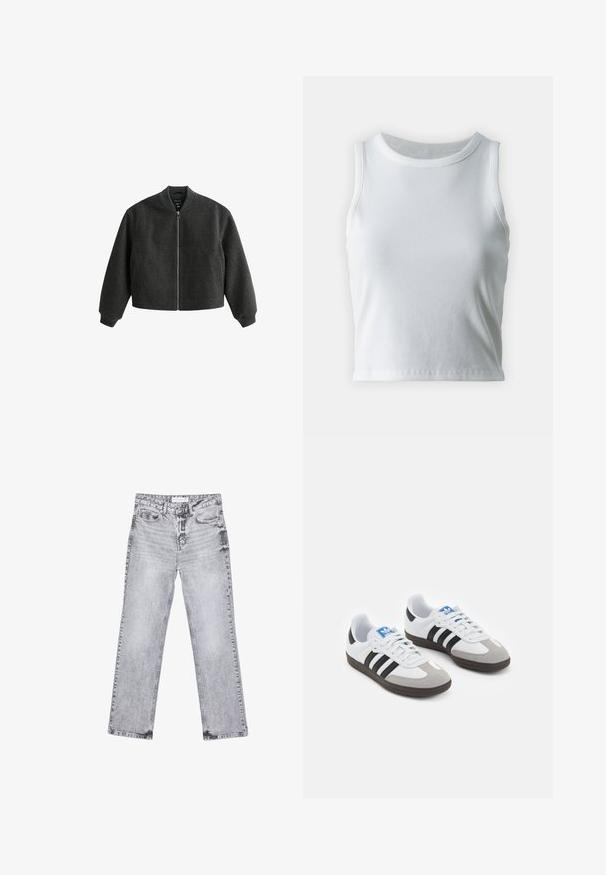 Czarna bomberka z ciemnoszarej wełny, z zamkiem z przodu, ściągaczami na rękawach i dwoma bocznymi kieszeniami. Prosty, elegancki design.; Biała, prążkowana koszulka na ramiączkach z okrągłym dekoltem i bez rękawów, z prostym dołem i gładką, elastyczną teksturą.; Szare dżinsy o prostym kroju nogawki, z przetarciami, pięcioma kieszeniami i miedzianymi nitami. Pasek w talii posiada metkę z logo.; Buty sportowe z białą skórzaną cholewką, szarym zamszowym noskiem i trzema czarnymi paskami. Posiadają niebieskie logo na języku oraz teksturowaną gumową podeszwę.