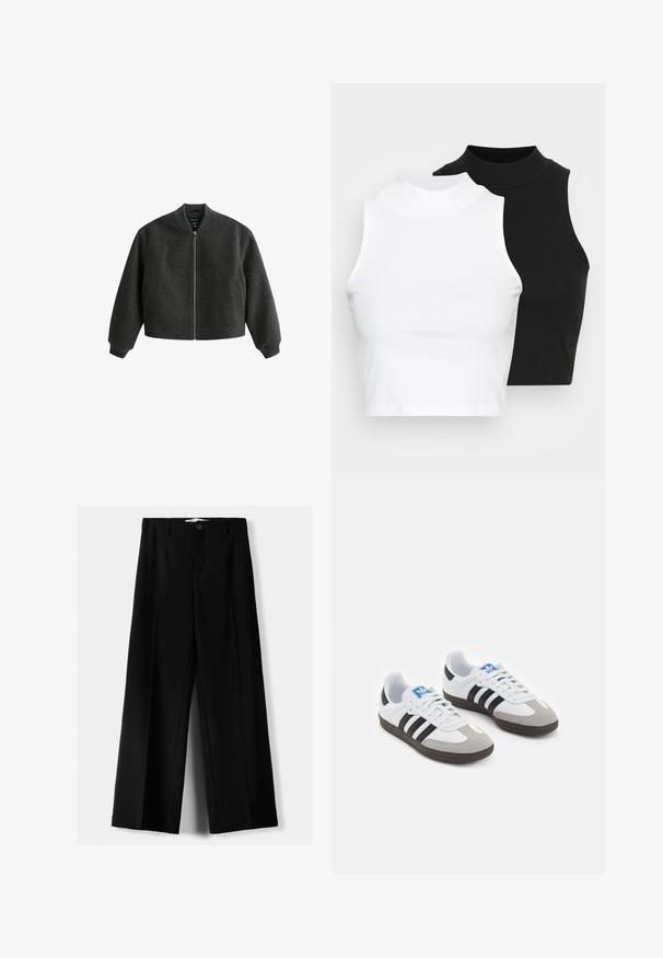 Veste bomber gris foncé en mélange de laine, avec fermeture éclair à l'avant, poignets côtelés et deux poches latérales. Design simple et épuré.; Deux hauts sans manches en maille côtelée, en noir et blanc, dotés d'un design ajusté et d'une texture lisse, avec une longueur courte.; Pantalons larges noirs en tissu léger, avec une fermeture à bouton à l'avant et un devant plat, dotés d'ourlets soigneusement cousus.; Baskets avec une tige en cuir blanc, un bout en daim gris et trois bandes noires. Présente un logo bleu sur la languette et une semelle en caoutchouc texturée.