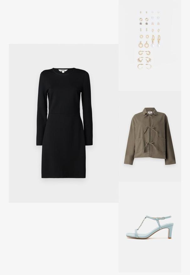 Olive green jacket with a collar, two front pockets, and a central opening tied with fabric loops. Made of soft, textured material.; Black long-sleeve dress with a round neckline. Fitted silhouette with a seam detail at the waist. Soft fabric, smooth texture. No patterns or embellishments.; Light blue ankle strap high heel sandal with a square toe design, featuring a metallic accent and a sleek, smooth leather texture.; Set of gold-tone earrings featuring various designs, including studs, hoops, and dangling pieces with pearls and rhinestones.
