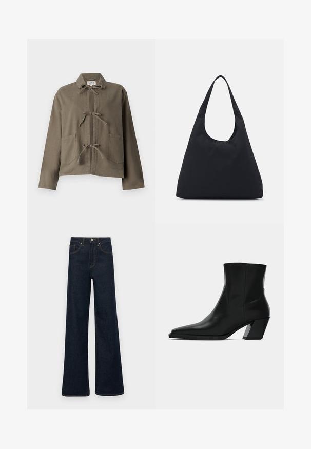 Oliivinvihreä takki, jossa on kaulus, kaksi etutaskua ja keskellä kangassilmukoilla sidottu avaus. Valmistettu pehmeästä, teksturoidusta materiaalista.; Valkoinen palmikkoneuleinen pooloneule, jossa on lyhyt malli ja ribbireunat hihoissa ja helmassa. Pehmeä tekstuuri, mukava ja tukeva muotoilu.; Tummansiniset leveälahkeiset farkut, joissa on etutaskut, vyölenkit ja nappikiinnitys.; Mustat nahkasaappaat nilkkapituisena, teräväkärkiset, sulavalinjaiset ja paksupohjaiset neliön malliset korot. Sileä pinta, jossa on minimaalista tikkausta.; Musta kangaskassi, jossa on yksi leveä olkahihna. Pehmeä, puolirakenteellinen muoto ja sileä pinta; minimalistinen muotoilu ilman näkyviä metalliosia.