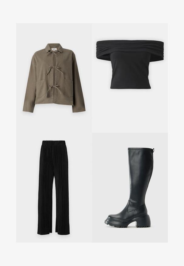 Maslinasto zeleni kaput s ovratnikom, dva prednja džepa i središnjim otvaranjem vezanim tkanim petljama. Izrađen od mekog, teksturiranog materijala.; Crni top bez ramena s skupljenom teksturom na izrezu, kratkim rukavima i uklapajućim krojem. Napravljen od rastezljivog materijala.; Crne plisirane hlače s elastičnim pojasom. Imaju široke nogavice i glatku, teksturiranu tkaninu s vertikalnim prugama.; Visoke crne kožne čizme s debelim platformskim đonom i blok petom, s patentom za povlačenje i teksturiranim uzorkom na potplatu.
