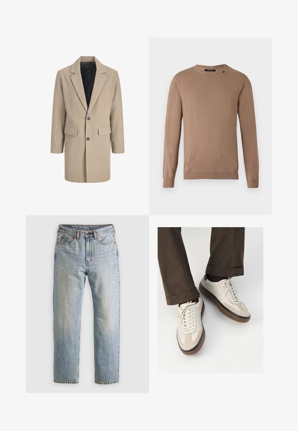 Beige kappa med slagkrage, enkel knappstängning och två framfickor. Tillverkad av strukturerad tyg med en slät innermembran.; Beige långärmad tröja med rund halsringning, gjord av mjukt, texturerat tyg. Har ribbade manschetter och fåll, samt en liten logodetalj.; Ljusblå denimjeans med hög midja, framknäppning, dragkedja och femficksdesign, placerade platt på en neutral bakgrund.; Beige sneakers med en texturerad mockafront, släta lädersidor och en brun gummisula. Snörning och ljusa sömdetaljer ingår.