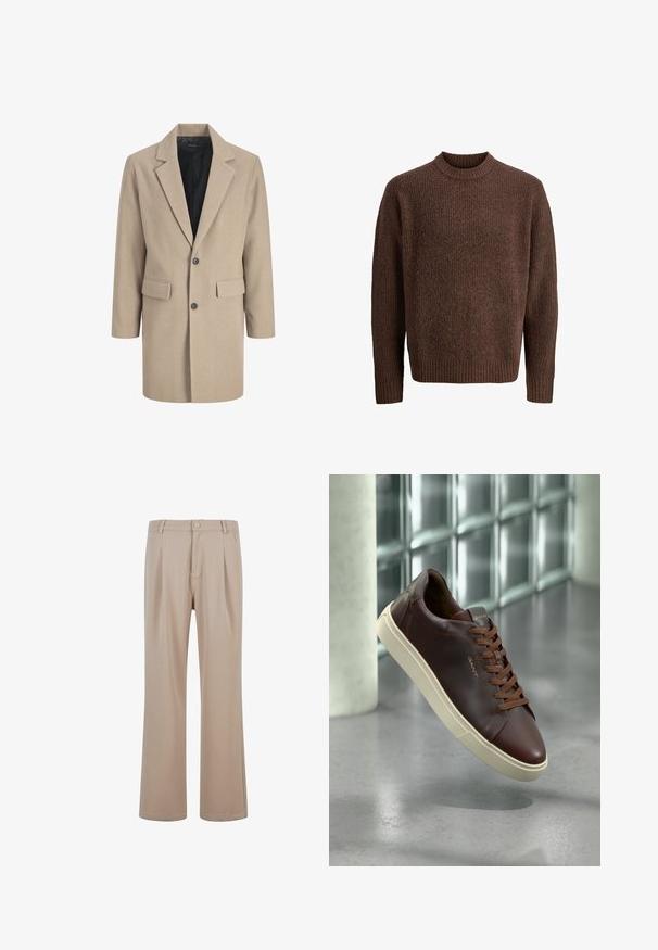 Abrigo beige con solapa muesca, cierre de un solo botón y dos bolsillos frontales. Está hecho de un tejido texturizado con un forro interior suave.; Suéter de punto marrón con un patrón texturizado, cuello redondo acanalado y mangas largas. Fabricado con un material suave y cálido.; Pantalones de chándal beige con tela suave y diseño de pierna recta, que cuentan con un cierre de botón y detalles de costura sutiles.; Zapatilla de cuero marrón con puntera redondeada, cordones marrones y suela de goma beige. Presenta un branding mínimo en el lateral.