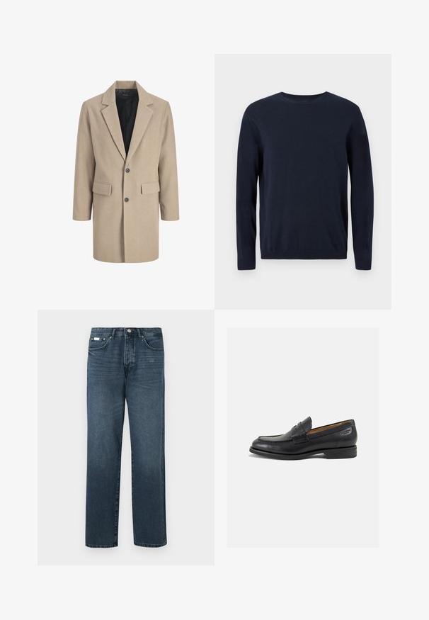 Bež kaput s reverima, zatvaranjem na jedan gumb i dva prednja džepa. Napravljen od teksturirane tkanine s glatkom unutarnjom podlogom.; Mornarsko plava pletena majica dugih rukava, sa okruglim izrezom i rebrastim manžetama i donjim rubom. Sadrži mali logo na prsima.; Tamno plave traperice s ravnim krojem, pet džepova, omčama za remen i patentnim zatvaračem. Glatka tekstura s suptilnim izbljedjelim detaljima.; Crne kožne loferice s glatkom površinom, zaobljenim vrhom i dekorativnim šavom na gornjem dijelu. Nizak potplat s malim potpeticama i blagi sjaj.