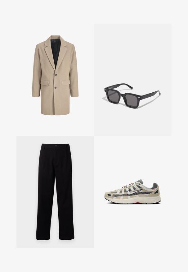 Béžový kabát s klopami, zapínání na jeden knoflík a dvěma předními kapsami. Vyrobeno z texturované látky s hladkou podšívkou.; Béžový svetr vyrobený z měkké, texturované pleteniny. Má kulatý výstřih, žebrované manžety a zkrácený lem s vykleslými rameny.; Černé a bílé trička s krátkým rukávem a kulatým výstřihem, vyrobená z bavlněné tkaniny, s hladkým povrchem, s logem na límci.; Černé elastické kalhoty rovného střihu, s předními sklady a jedním knoflíkem na zapínání. Hladká textura a bez viditelných vzorů.; Béžová běžecká obuv s šedou síťovinou a semišovými detaily, bílými akcenty, černou podrážkou, červeným brandingem a jedinečným křížovým vzorem na svršku.; Černé obdélníkové sluneční brýle s tmavými skly, disponující silným rámem, decentními akcenty po stranách a bez viditelných log kromě názvu značky.; Krémová bavlněná taška s velkým tyrkysovým logem, které obsahuje zakřivené linie. Taška má pevné textilní uši pro nošení.