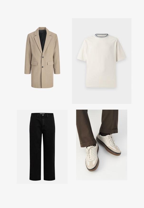 Beige Mantel mit Reverskragen, Ein-Knopf-Verschluss und zwei Fronttaschen. Hergestellt aus strukturiertem Stoff mit einem glatten Innenfutter.; Cremefarbendes Baumwoll-T-Shirt mit kurzen Ärmeln, das über einen runden Halsauschnitt mit navy- und weißen Streifen verfügt. Glatte Textur, lässige Passform.; Schwarze Jeanshose mit geradem Schnitt, klassischem Fünf-Taschen-Design und einem Knopfverschluss an der Taille. Glatte Textur und strapazierfähiger Stoff.; Beige Sneakers mit einer strukturierten Wildlederfront, glatten Lederseiten und einer braunen Gummisohle. Bändel und helle Nähdetails sind enthalten.