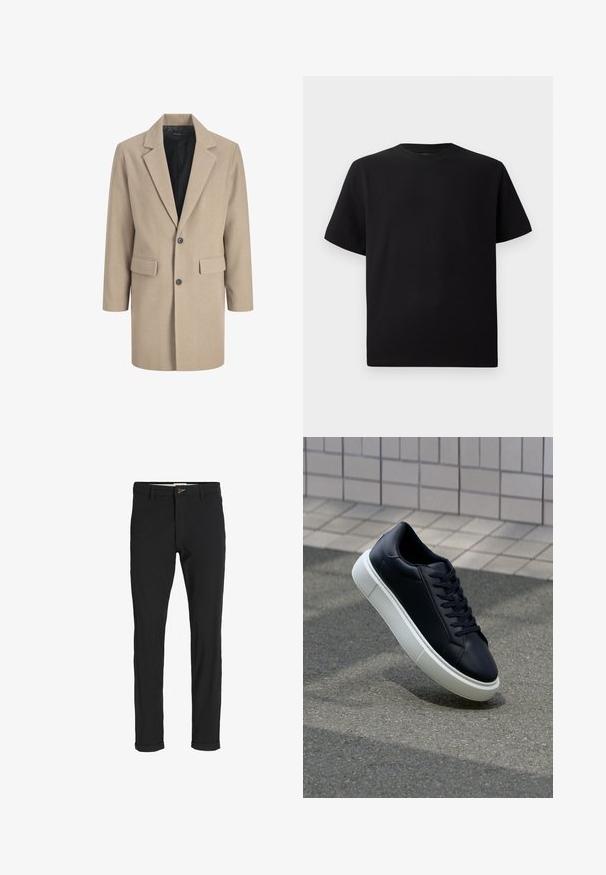 Cappotto beige con revers a punta, chiusura a un bottone e due tasche frontali. Realizzato in tessuto testurizzato con una fodera interna liscia.; T-shirt corto nero a maniche corte realizzato in tessuto testurizzato, con scollatura rotonda e vestibilità comoda. Semplice, senza motivi o dettagli.; Pantaloni neri in cotone misto con vestibilità slim, dotati di chiusura con bottone, tasche e orli arrotolati per un look informale.; Sneaker in pelle nera con punta arrotondata e suola in gomma bianca. Presenta lacci piatti e cuciture minime sulla parte superiore. Suola testurizzata per una migliore aderenza.