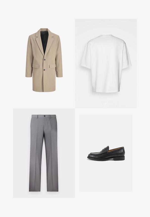 Beez värvi üleriehen, millel on sakilise krae, ühe nupuga sulgemine ja kaks esist pocketit. Valmistatud tekstureeritud kangast, millel on siledat sisetäit.; Valge lühikeste varrukatega T-särk, lõdva lõikega, ümar kaelus, sileda puuvillase kangaga, kaunistamata selg, sirge alläär, ilma mustrite või aktsентideta.; Hallidega hallid püksid, millel on lame eesmine osa, kaks küljetaskut ja ühesnupuline kinnitis. Sile tekstuur koos peene triibumustriga.; Mustad mustad nahast loafers, sujuva viimistlusega, ümar sirge ja dekoratiivne tikand peal. Madal ja kergelt kuhjatud konts ning kerge läige.